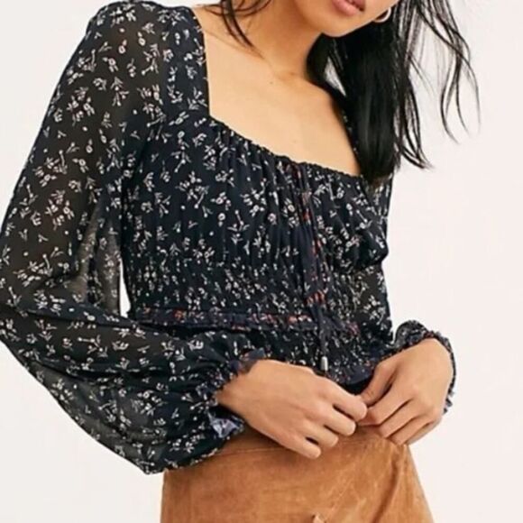 Free People Tops - Free People Lolita Top Womens Large Black Floral Long Sleeve Smocked Square Neck